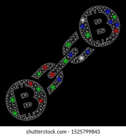 Bright mesh Bitcoin blockchain with glare effect. White wire carcass polygonal mesh in vector format on a black background. Abstract 2d mesh designed with polygonal grid, round dots,