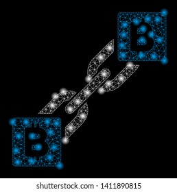 Bright mesh Bitcoin blockchain with glow effect. Abstract illuminated model of Bitcoin blockchain icon.