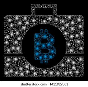 Bright mesh Bitcoin business case with glare effect. Abstract illuminated model of Bitcoin business case icon.