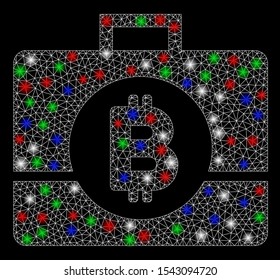 Bright mesh Bitcoin business case with glare effect. White wire carcass triangular mesh in vector format on a black background. Abstract 2d mesh designed with triangular lines, spheric points,