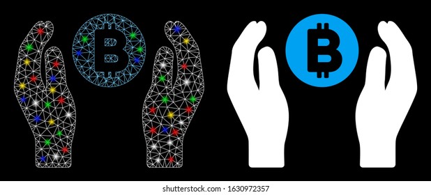 Bright mesh Bitcoin care hands icon with sparkle effect. Abstract illuminated model of Bitcoin care hands. Shiny wire frame triangular mesh Bitcoin care hands icon.