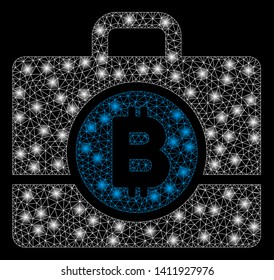 Bright mesh Bitcoin case with glare effect. Abstract illuminated model of Bitcoin case icon. Shiny wire carcass triangular mesh Bitcoin case abstraction in vector format on a black background.