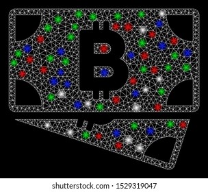 Bright mesh Bitcoin cash banknotes with glow effect. White wire carcass triangular mesh in vector format on a black background. Abstract 2d mesh designed with triangles, dots, colored flash spots.
