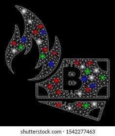 Bright mesh Bitcoin cash fire with lightspot effect. White wire carcass polygonal mesh in vector format on a black background. Abstract 2d mesh designed with triangles, small circle,