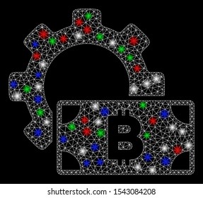 Bright mesh Bitcoin cash options gear with lightspot effect. White wire frame polygonal mesh in vector format on a black background. Abstract 2d mesh created from polygonal grid, round dots,