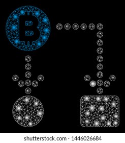 Bright Mesh Bitcoin Cashflow With Lightspot Effect. Abstract Illuminated Model Of Bitcoin Cashflow Icon.