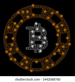 Bright mesh Bitcoin casino chip with glare effect. Abstract illuminated model of Bitcoin casino chip icon.