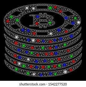 Bright mesh Bitcoin casino chips with glare effect. White wire frame polygonal mesh in vector format on a black background. Abstract 2d mesh designed with triangles, round dots, colorful flash spots.