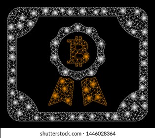 Bright mesh Bitcoin certificate with lightspot effect. Abstract illuminated model of Bitcoin certificate icon.