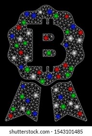 Bright mesh Bitcoin certificate seal with glow effect. White wire frame triangular mesh in vector format on a black background. Abstract 2d mesh designed with triangular lines, round dots,