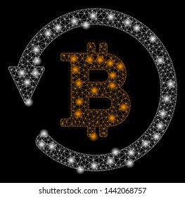 Bright mesh Bitcoin chargeback with glare effect. Abstract illuminated model of Bitcoin chargeback icon.