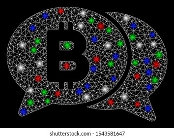 Bright mesh Bitcoin chat with glow effect. White wire carcass polygonal mesh in vector format on a black background. Abstract 2d mesh designed with polygonal grid, round dots, colored light spots.