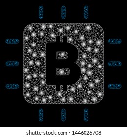 Bright mesh Bitcoin chip with glare effect. Abstract illuminated model of Bitcoin chip icon. Shiny wire frame polygonal network Bitcoin chip abstraction in vector format on a black background.