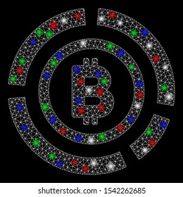 Bright mesh Bitcoin circle diagram with glow effect. White wire frame triangular mesh in vector format on a black background. Abstract 2d mesh designed with triangular lines, spheric points,