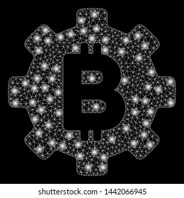 Bright mesh Bitcoin cog wheel with glare effect. Abstract illuminated model of Bitcoin cog wheel icon.