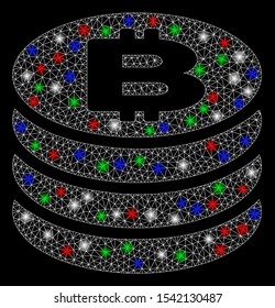 Bright mesh Bitcoin coin column with glare effect. White wire carcass triangular mesh in vector format on a black background. Abstract 2d mesh created from triangular lines, dots,