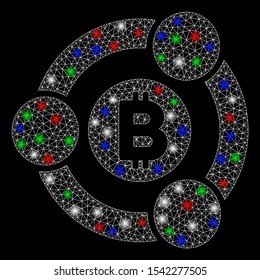 Bright mesh Bitcoin collaboration with glow effect. White wire frame polygonal mesh in vector format on a black background. Abstract 2d mesh designed with polygonal grid, small circle,