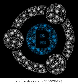 Bright mesh Bitcoin collaboration with lightspot effect. Abstract illuminated model of Bitcoin collaboration icon.