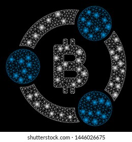 Bright mesh Bitcoin collaboration with lightspot effect. Abstract illuminated model of Bitcoin collaboration icon.
