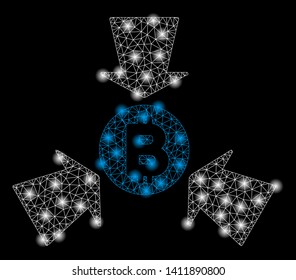 Bright mesh Bitcoin collect arrows with glare effect. Abstract illuminated model of Bitcoin collect arrows icon.