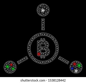 Bright mesh Bitcoin connections with glare effect. White wire carcass polygonal mesh in vector format on a black background. Abstract 2d mesh designed with polygonal grid, dots, colorful glare spots.