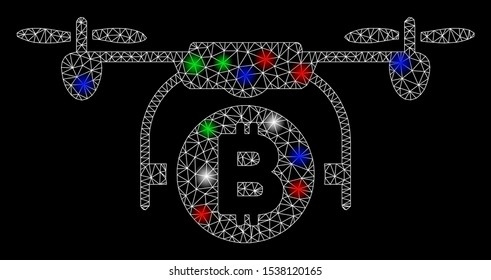 Bright mesh Bitcoin copter with lightspot effect. White wire carcass triangular mesh in vector format on a black background. Abstract 2d mesh designed with triangular lines, small circle,