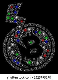 Bright mesh Bitcoin crash lightning with lightspot effect. White wire frame polygonal mesh in vector format on a black background. Abstract 2d mesh designed with polygonal grid, dots,