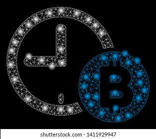 Bright mesh Bitcoin credit clock with lightspot effect. Abstract illuminated model of Bitcoin credit clock icon.