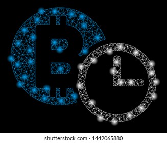 Bright mesh Bitcoin credit clock with glow effect. Abstract illuminated model of Bitcoin credit clock icon.