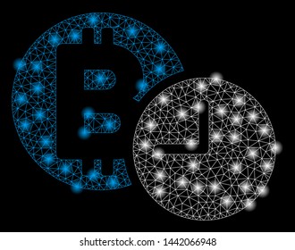 Bright mesh Bitcoin credit clock with glow effect. Abstract illuminated model of Bitcoin credit clock icon.