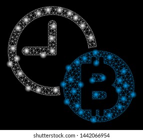 Bright mesh Bitcoin credit clock with lightspot effect. Abstract illuminated model of Bitcoin credit clock icon.