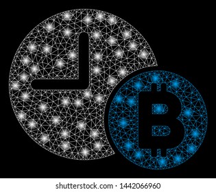 Bright mesh Bitcoin credit clock with lightspot effect. Abstract illuminated model of Bitcoin credit clock icon.