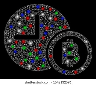 Bright mesh Bitcoin credit clock with glow effect. White wire carcass triangular mesh in vector format on a black background. Abstract 2d mesh designed with triangular lines, small circle,