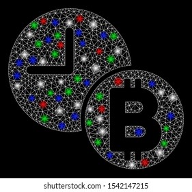 Bright mesh Bitcoin credit clock with glare effect. White wire frame polygonal mesh in vector format on a black background. Abstract 2d mesh designed with polygonal grid, round dots,