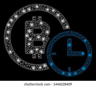 Bright mesh Bitcoin credit time with lightspot effect. Abstract illuminated model of Bitcoin credit time icon.