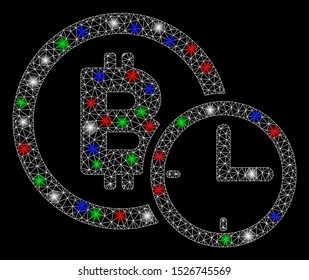 Bright mesh Bitcoin credit time with glare effect. White wire frame triangular network in vector format on a black background. Abstract 2d mesh designed with triangular lines, round dots,