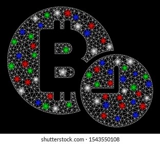 Bright mesh Bitcoin credit time with glow effect. White wire frame polygonal network in vector format on a black background. Abstract 2d mesh designed with polygonal grid, spheric points,