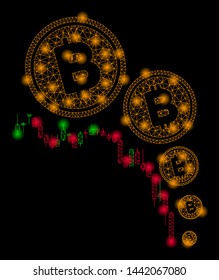 Bright mesh Bitcoin deflation chart with lightspot effect. Abstract illuminated model of Bitcoin deflation chart icon.