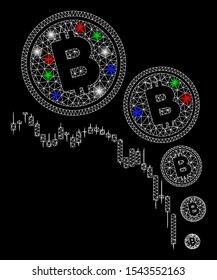 Bright mesh Bitcoin deflation chart with lightspot effect. White wire carcass polygonal mesh in vector format on a black background. Abstract 2d mesh designed with triangles, small circle,