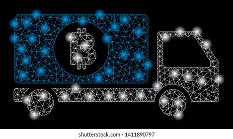 Bright mesh Bitcoin delivery lorry with glow effect. Abstract illuminated model of Bitcoin delivery lorry icon.
