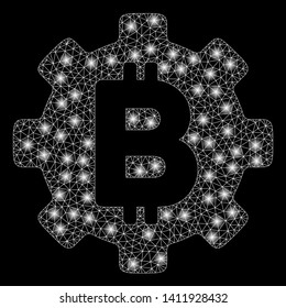 Bright mesh Bitcoin development gear with glare effect. Abstract illuminated model of Bitcoin development gear icon.