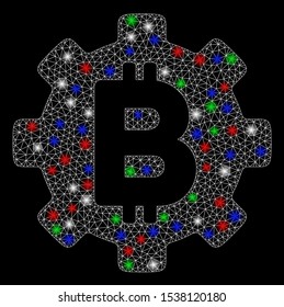 Bright mesh Bitcoin development gear with glare effect. White wire carcass polygonal mesh in vector format on a black background. Abstract 2d mesh designed with triangles, round dots,