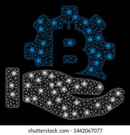 Bright mesh Bitcoin development service hand with glow effect. Abstract illuminated model of Bitcoin development service hand icon.