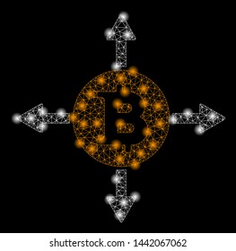 Bright mesh Bitcoin directions with glare effect. Abstract illuminated model of Bitcoin directions icon.