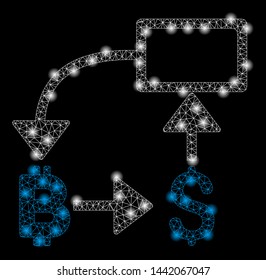 Bright mesh Bitcoin dollar flow chart with glow effect. Abstract illuminated model of Bitcoin dollar flow chart icon.