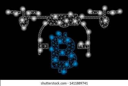Bright mesh Bitcoin drone delivery with glare effect. Abstract illuminated model of Bitcoin drone delivery icon.