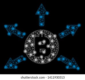 Bright mesh Bitcoin emission with glow effect. Abstract illuminated model of Bitcoin emission icon.