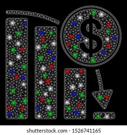 Bright mesh Bitcoin epic fail graph with glare effect. White wire frame polygonal network in vector format on a black background. Abstract 2d mesh designed with polygonal grid, small circle,