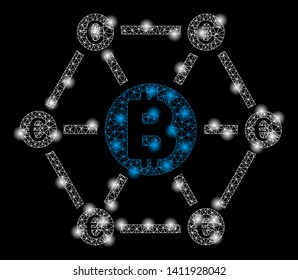 Bright mesh Bitcoin Euro financial network with glare effect. Abstract illuminated model of Bitcoin Euro financial network icon.