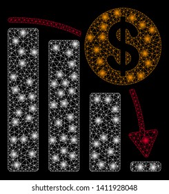 Bright mesh Bitcoin falling acceleration graph with glare effect. Abstract illuminated model of Bitcoin falling acceleration graph icon.
